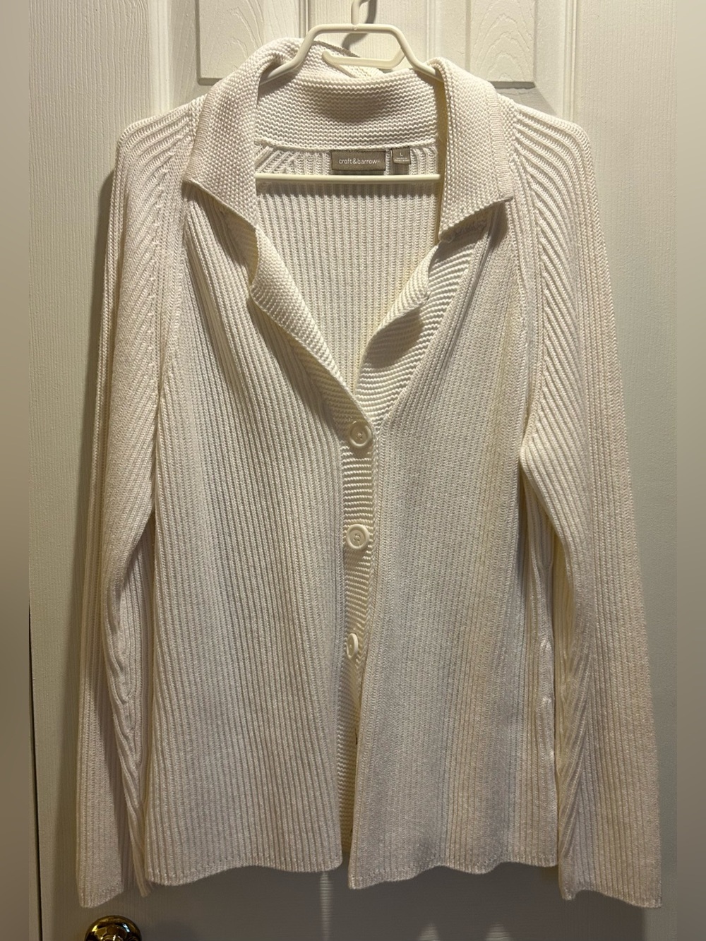 Croft & Barrow Cream Ribbed Button-Front Sweater with collar, cotton blend, LG
